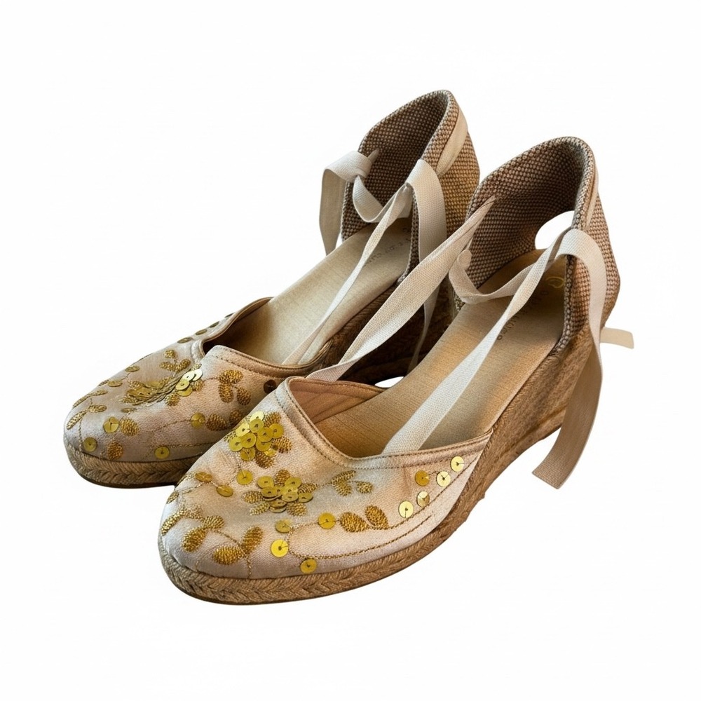 Montego Bay Club Espadrille Wedges 8W Gold Sequin Floral Ribbon Ankle Tie Boho